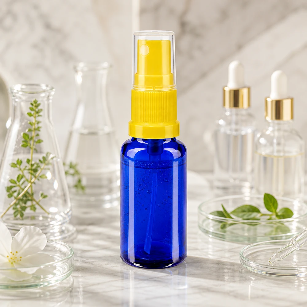 Flacone spray blu da 20ml STD giallo/trasparente in vetro da farmacia Flacone spray compatto da 20 ml, blu STD, con erogatore a pompa giallo, per uso cosmetico e farmaceutico