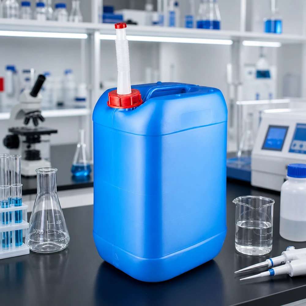 Tanica 25 litri blu con tubo di uscita Flex Tanica rettangolare da 25 L in HDPE blu con beccuccio flessibile e maniglia in plastica