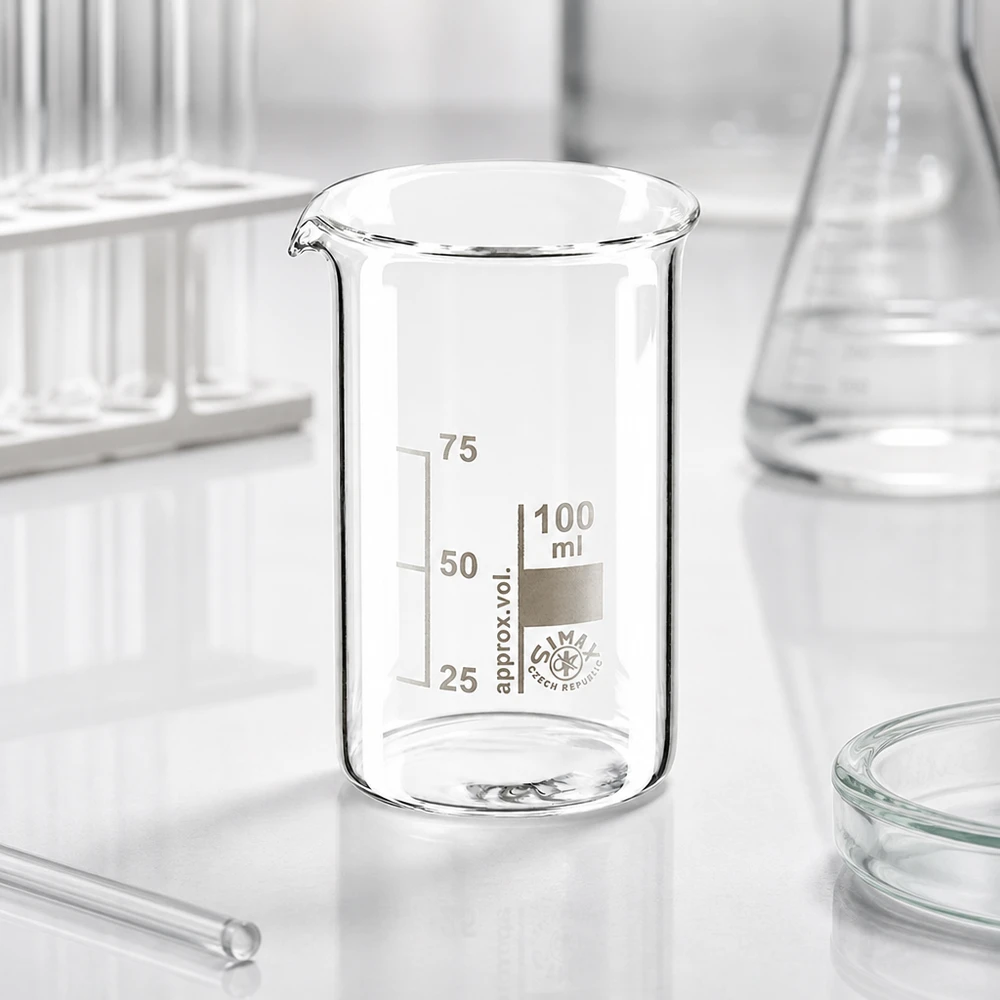Bicchiere di vetro vuoto da 100 ml, forma alta, in vetro borosilicato con scala di misurazione impressa da 25 a 75 ml