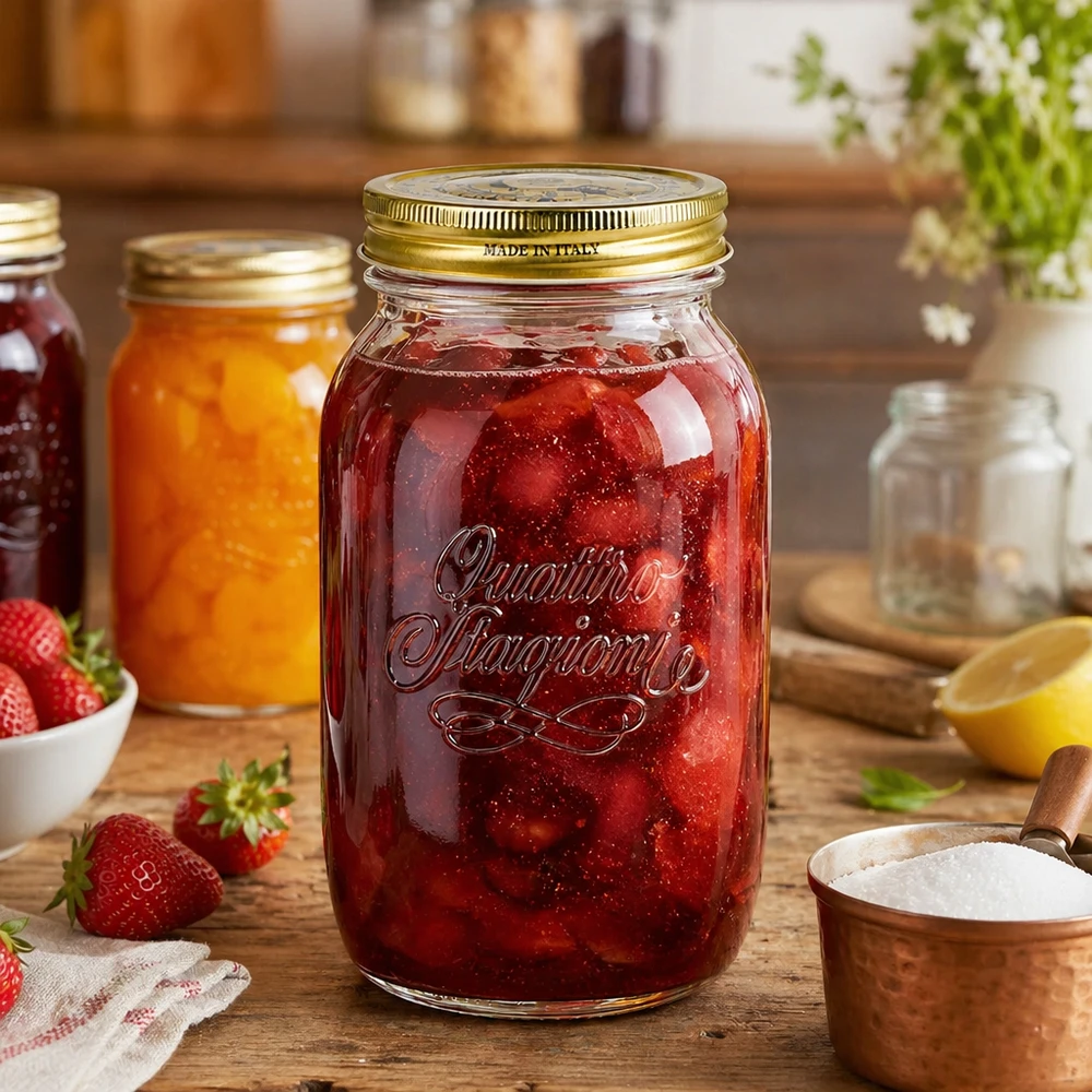 Quattro Stagioni 1500ml barattolo da conserva pieno di marmellata di fragole Scena di cucina Barattolo da conserva italiano marmellata di fragole
