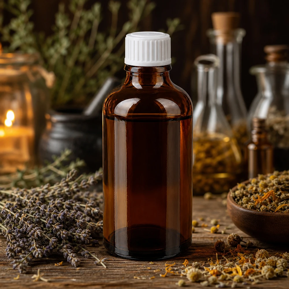 Piccola bottiglia di vetro marrone da 50 ml con tappo bianco, circondata da erbe essiccate e fiori di camomilla