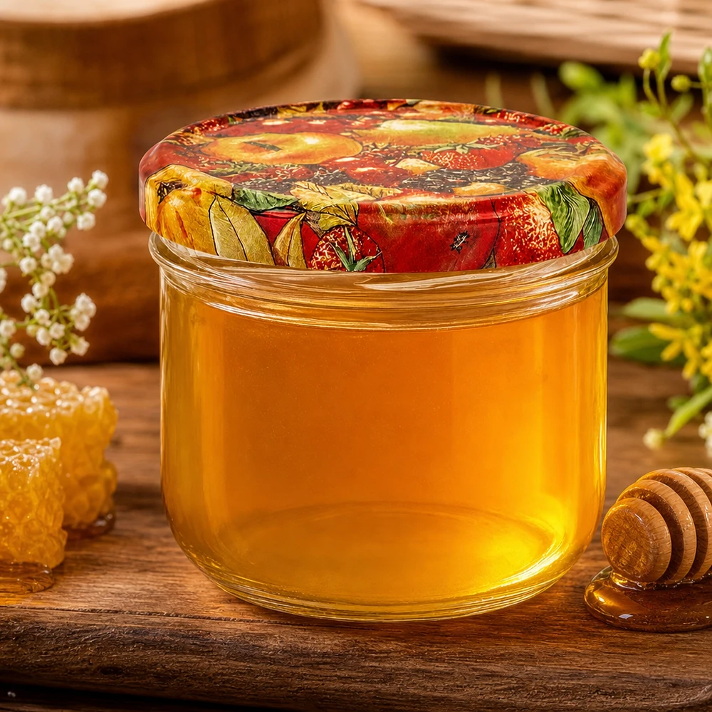 Bicchieri da 260 ml + coperchio BasicSeal per frutta UN.. Honig im 260ml Sturzglas mit BasicSeal Obst-Deckel, dekorative Präsentation mit Bienenwaben und Honigstab