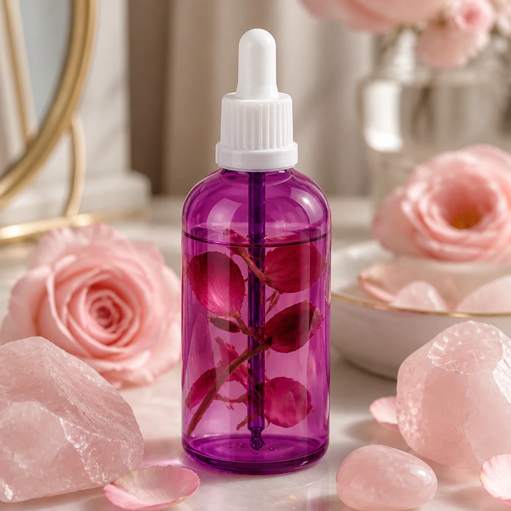 Bottiglia da 100 ml con tappo a vite bianco Originality PurpleLine UT18/100 Flacone in vetro da 100 ml con attacco per pipetta in colore viola di tendenza per prodotti benessere