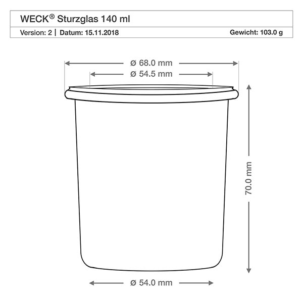 Bicchieri WECK RR60 da 140 ml con sfera in legno di faggio Disegno tecnico dei tumbler WECK 140ml RR60 con dimensioni e specifiche per i coperchi a sfera in legno di faggio