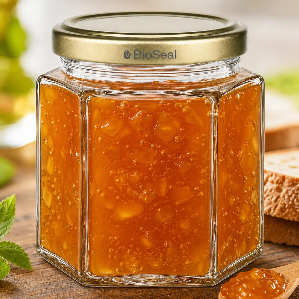 Vasetto per miele da 520 g con capsula dorata BioSeal UNiTWIST Vasetto di miele esagonale da 520 g BioSeal riempito di marmellata di arance su una tavola di legno accanto a pane e menta