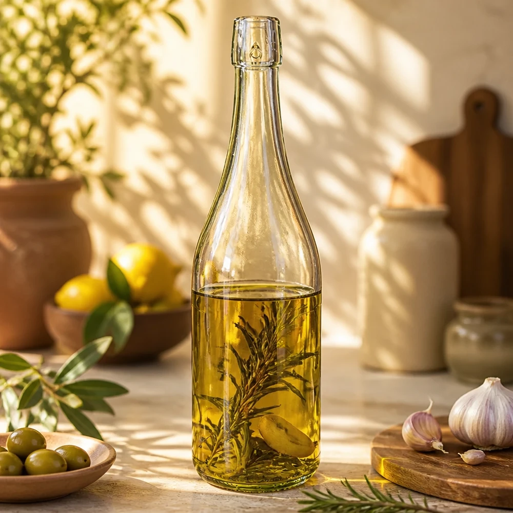 Bottiglia di vetro UNiTWIST da 750 ml riempita con olio alle erbe della cucina mediterranea con olive e aglio Esempio di utilizzo