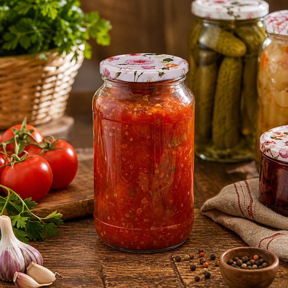 Barattolo rotondo da 1062 ml + coperchio BasicSeal rosa fiore UNiTWIST Il barattolo per conserve da 1062 ml riempito di salsa di pomodoro mostra l'uso pratico del coperchio a fiore rosa in cucina
