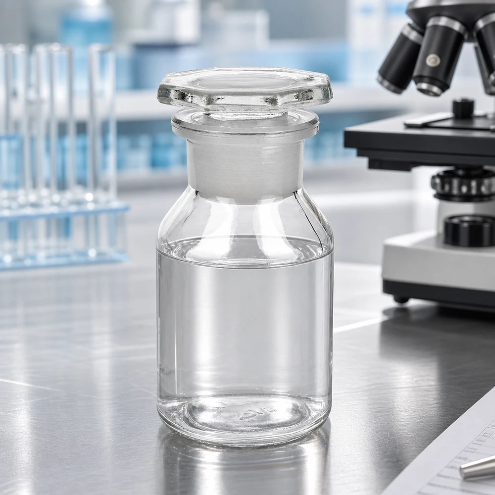 Bottiglia a collo alto 50ml trasparente a collo largo in vetro con tappo Fiaschetta a fondo piatto da 50 ml, trasparente, a collo largo, con tappo in vetro molato, su un tavolo da laboratorio accanto a un microscopio