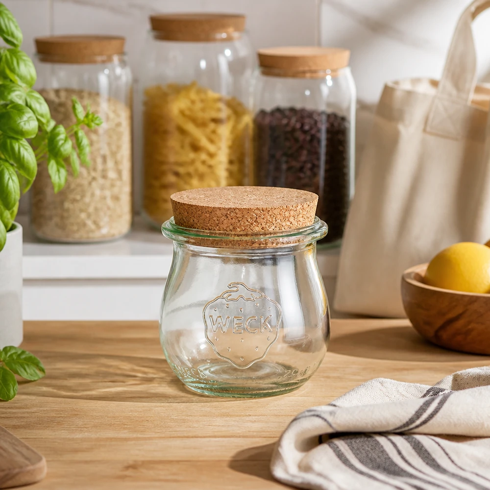 Vaso a tulipano da 75ml WECK RR40 con tappo in sughero naturale Barattolo WECK tulipano 75ml RR40 con tappo in sughero in cucina sostenibile tra barattoli e ciotole in legno su bancone in legno