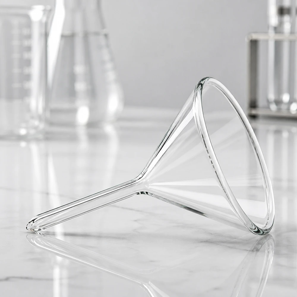 Imbuto Ø 40 mm per calce sodata, angolo 60°, stile corto Imbuto da laboratorio preciso da 40 mm in vetro soda-calcico di alta qualità con forma ottimizzata a 60 gradi