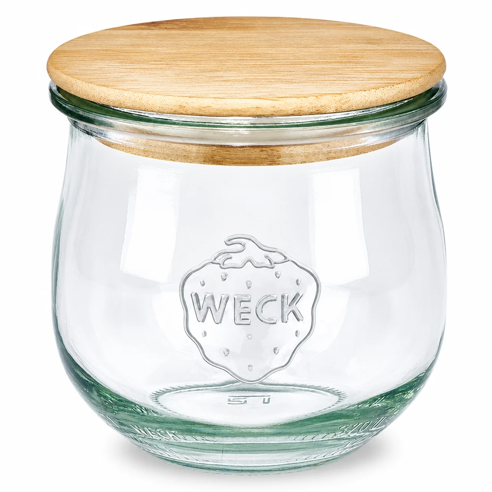 WECK vaso a tulipano 370ml RR80 con coperchio in legno Vaso per conserve con coperchio in vetro in legno naturale