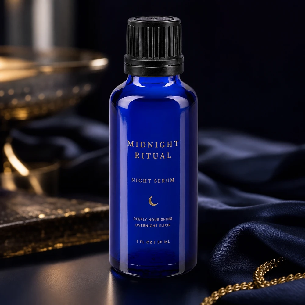 Siero notturno Midnight Ritual in flacone da farmacia da 30 ml blu cobalto con tappo nero a scanalature