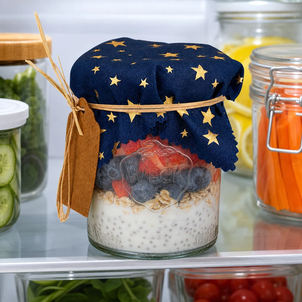 Conservazione in frigo con coperchio in tessuto a stelle blu su avena per la notte tra cetrioli e succhi freschi