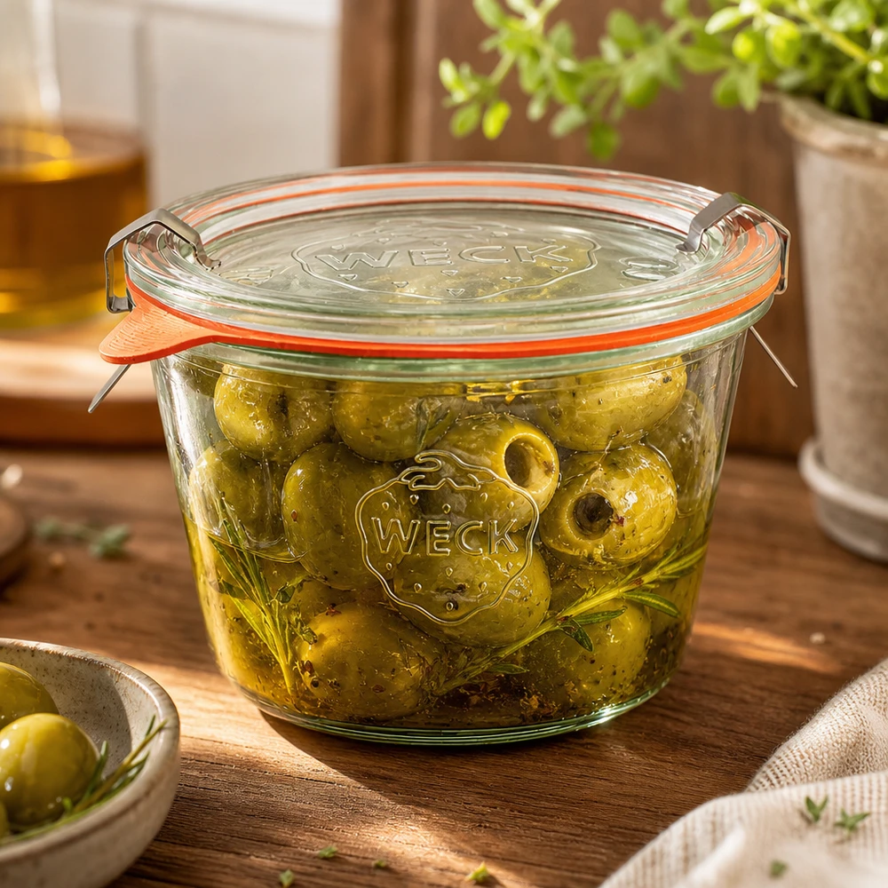 Bicchieri da 370 ml completi WECK RR100 Il vaso WECK RR100 da 370 ml riempito con olive sott'olio mostra la perfetta conservazione degli antipasti