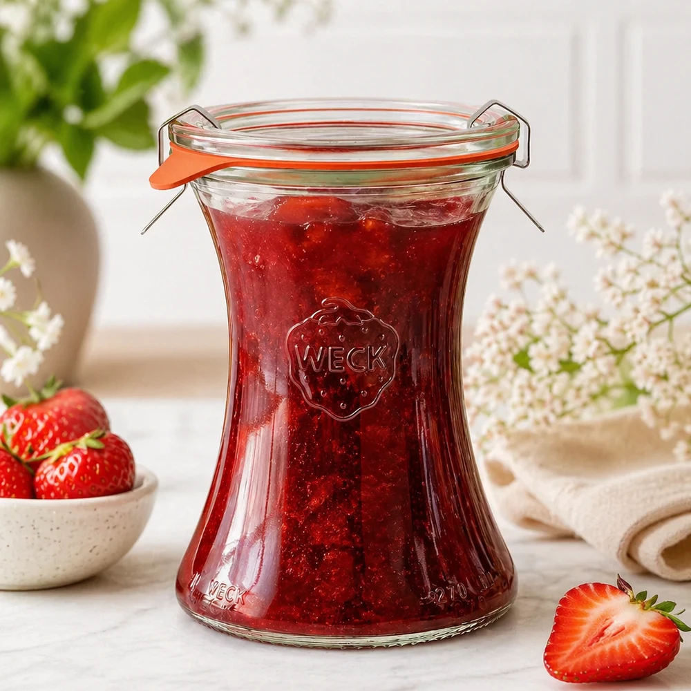 WECK vaso da gastronomia 370ml RR80 riempito di marmellata di fragole fatta in casa Barattolo da muratore con coperchio girevole Lifestyle
