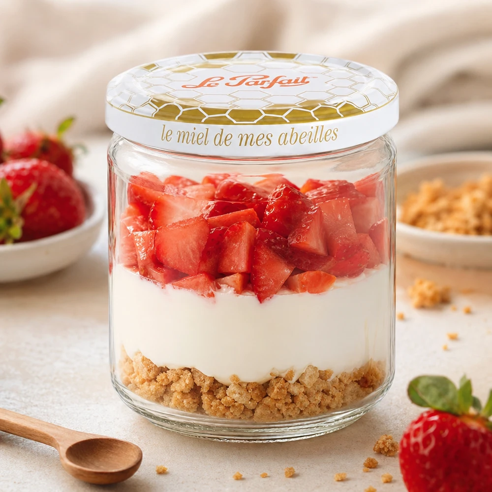 Le Parfait 212ml Vasetto per miele usato come coppa da dessert con fragole, yogurt e base di biscotti