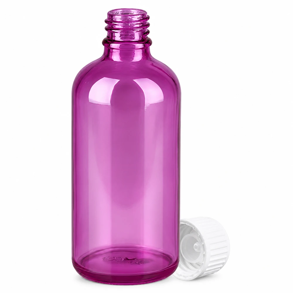 Flacone da 100 ml (globuli) con anello versatore da 3 mm bianco Standard PurpleLine. UT18/100 Elegante flacone da 100 ml in vetro colorato viola per cosmetici e sieri naturali