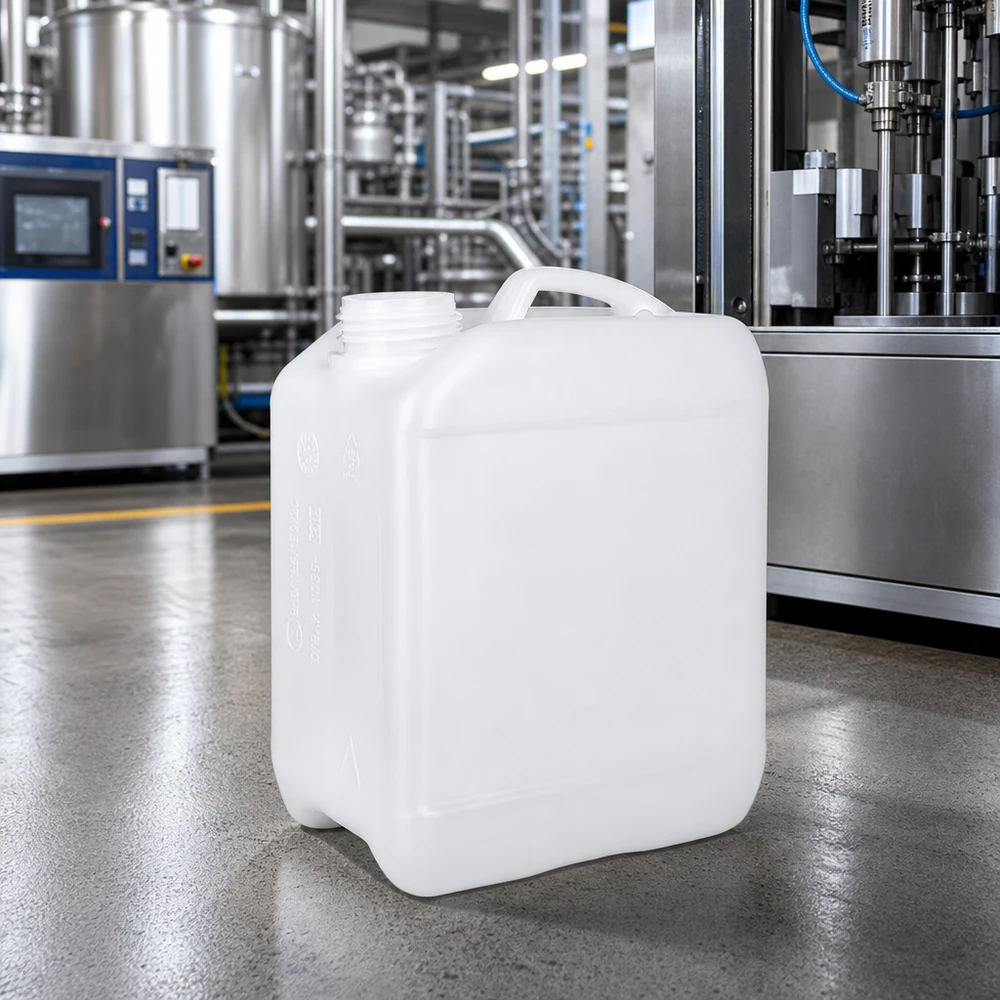 Tanica 2,5 litri senza tappo Tanica industriale da 2,5 litri senza tappo in un moderno impianto di riempimento su pavimento in cemento