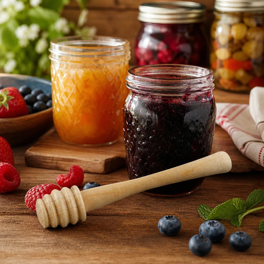 Cucchiaio da miele in legno d'acero in una cucina rustica con vasetti di marmellata e bacche fresche su un tavolo di legno