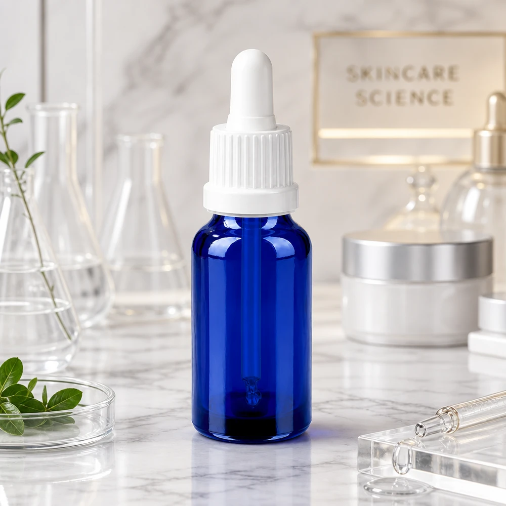 Flacone per pipette da 20 ml bianco OV BlueLine UT18/20 Flacone a pipetta blu da 20 ml con tappo bianco per principi attivi liquidi