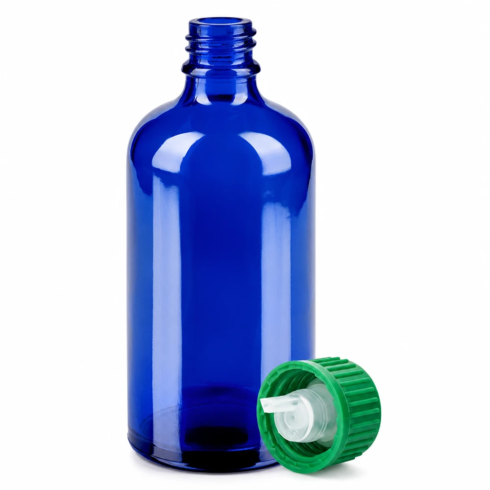 Flacone contagocce da 100 ml 0,8 mm verde STD BlueLine UT18/100 Flacone in vetro blu da 100 ml con tappo a vite verde e contagocce per aromaterapia e cosmesi