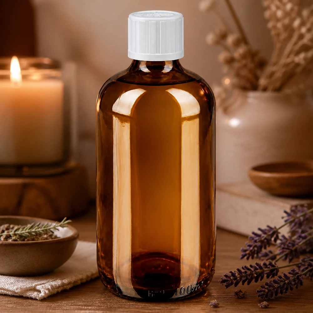 Flacone da farmacia da 100 ml color ambra con tappo KiSi bianco, in un’atmosfera naturale dedicata al benessere