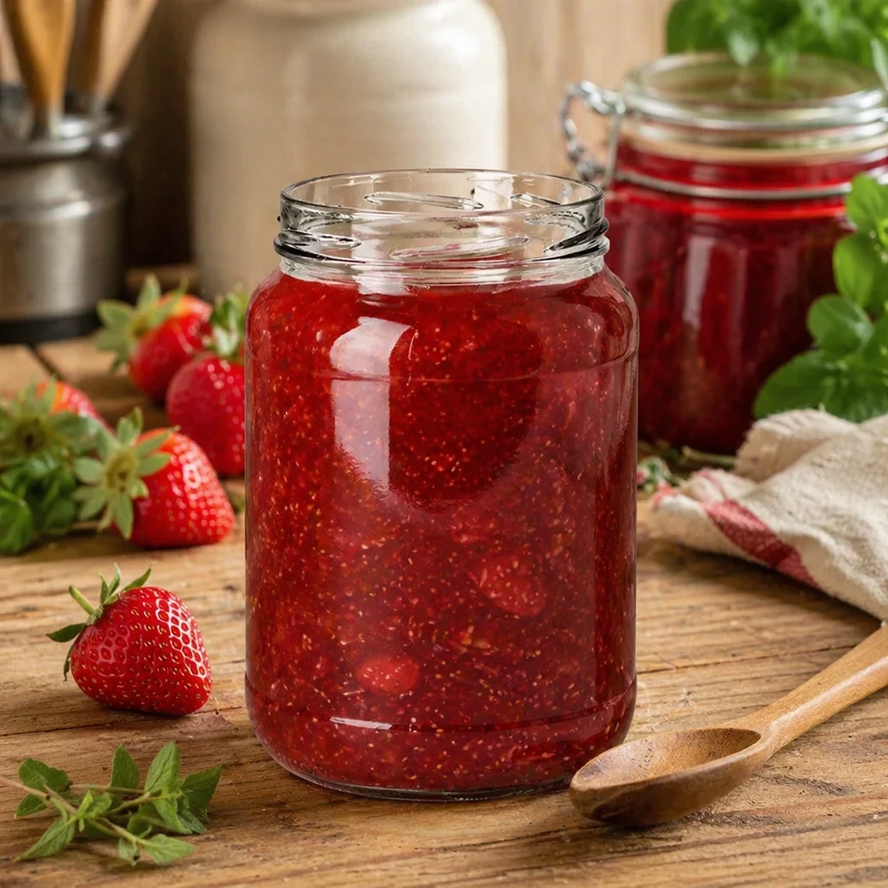 UNiTWIST Runda1700 - Barattolo capacità 1700ml TO100 UNiTWIST Runda1700 vaso riempito di marmellata di fragole 1700ml TO100 vaso da conserva cucina tavolo in legno