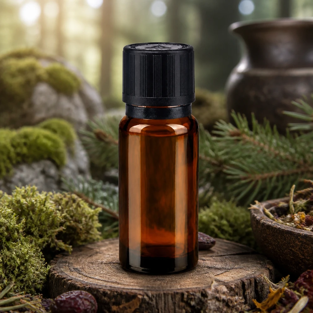 Flacone contagocce da 10 ml in vetro da farmacia con apertura da 1 mm, appoggiato su un disco di legno in un ambiente boschivo naturale