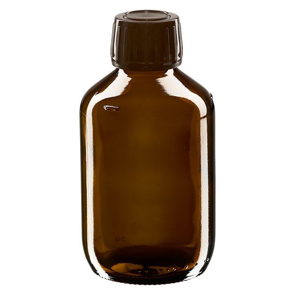 Flacone per medicinali da 200 ml marrone, tappo marrone con chiusura antimanomissione