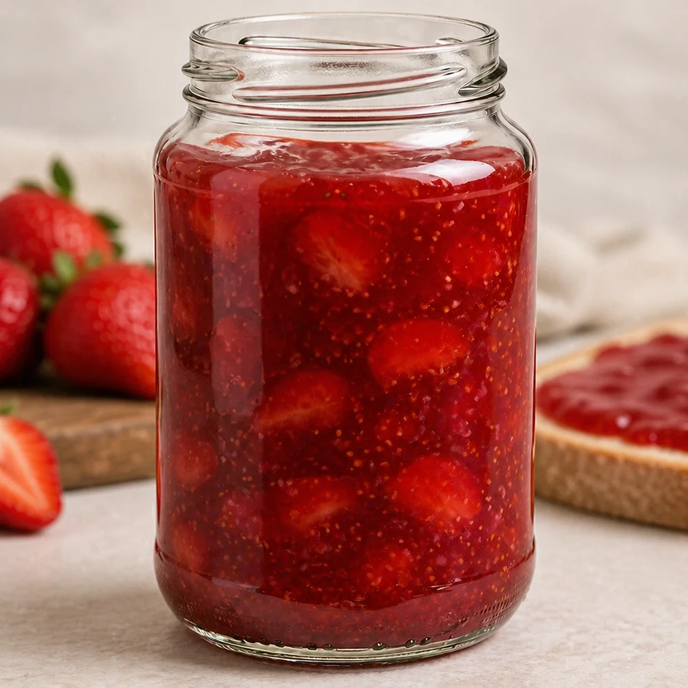 UNiTWIST Runda375 - Barattolo rotondo capacità 375ml TO63 UNiTWIST Runda375 vaso rotondo 375ml TO63 pieno di marmellata di fragole fatta in casa accanto a fragole fresche e pane