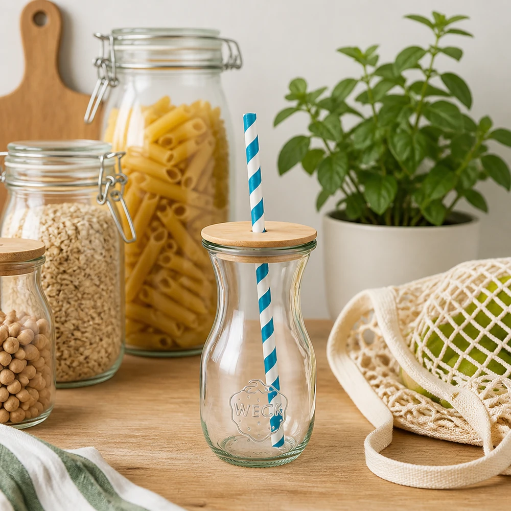 WECK bottiglia di succo 290ml cucina sostenibile zero rifiuti bottiglie di vetro barattoli di stoccaggio pasta coperchio di legno eco cannuccia