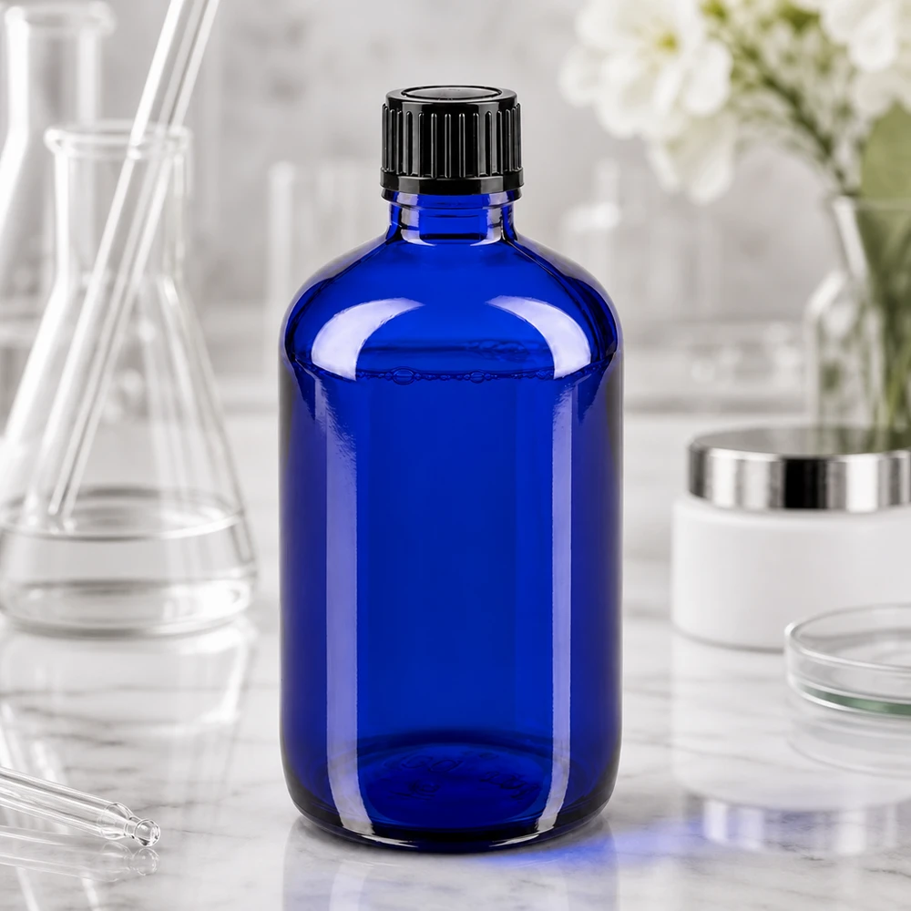 Flacone di vetro da 100 ml blu cobalto con tappo a vite nero in un ambiente di laboratorio