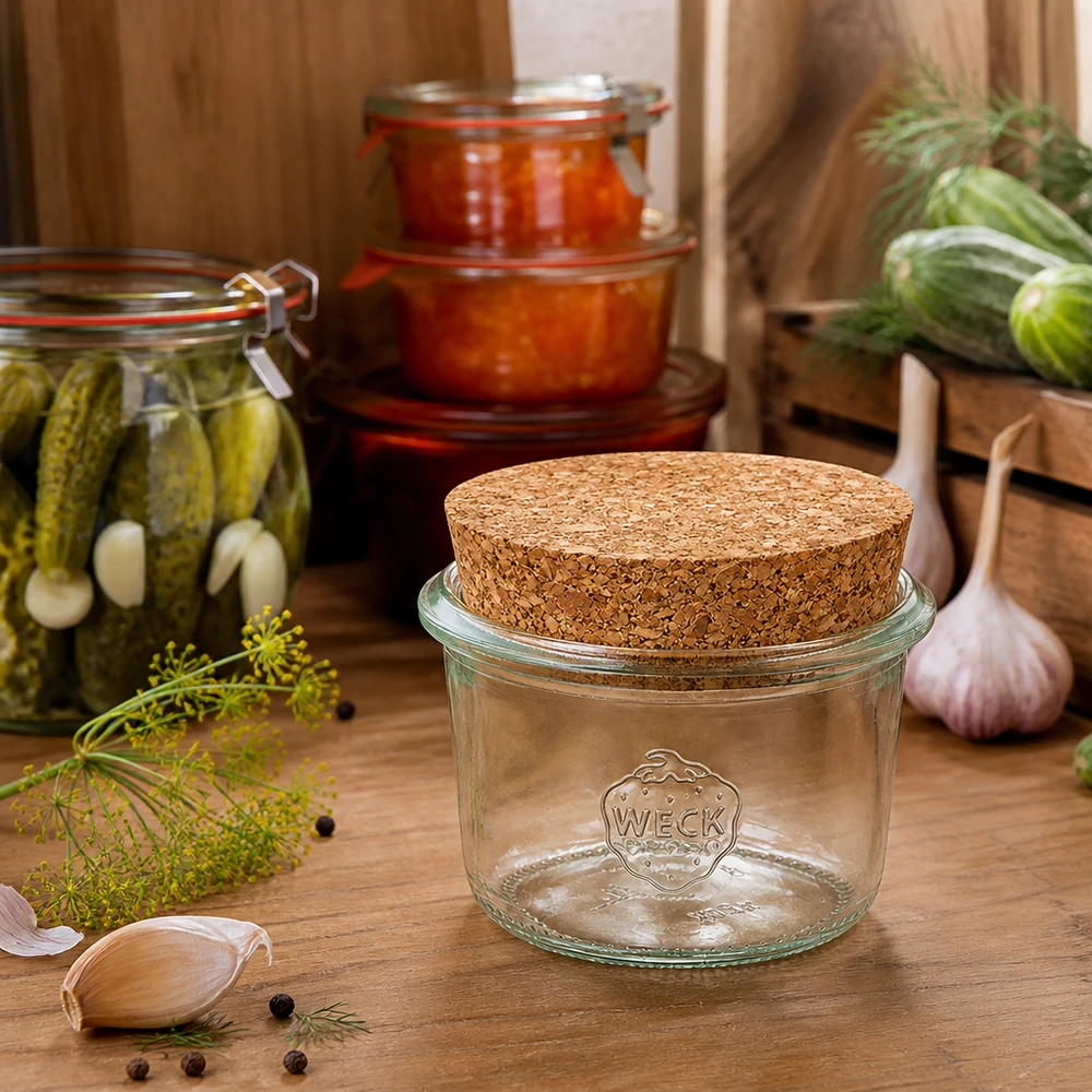 Bicchieri da 80ml WECK RR60 con tappo in sughero naturale WECK RR60 tumbler 80ml con tappo in sughero in una cucina rustica accanto a cetriolini sottaceto ed erbe fresche