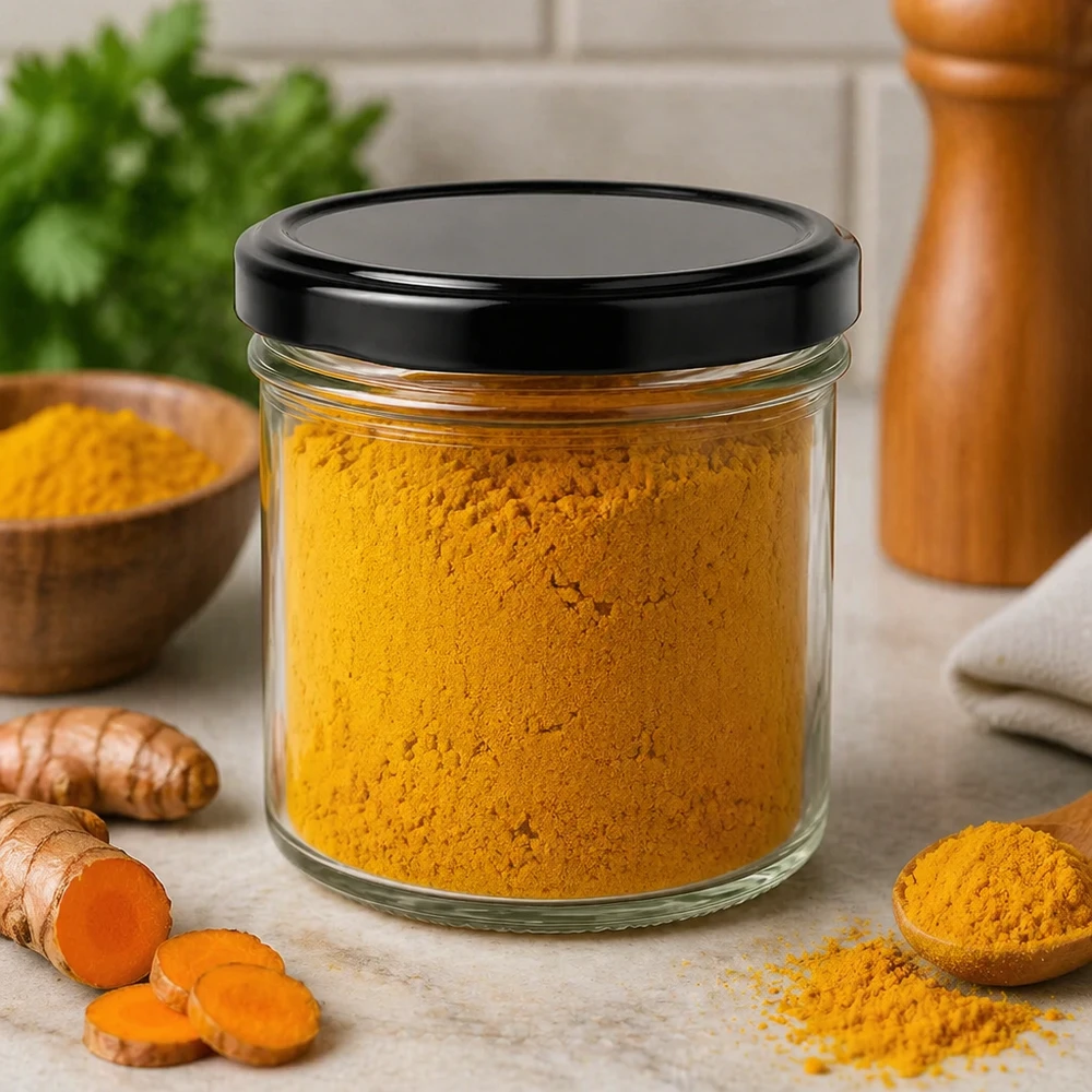 Bicchieri da 125 ml con coperchio BasicSeal nero UNiTWIST. Barattolo da 125 ml con coperchio nero BasicSeal riempito di polvere di curcuma, radice di curcuma fresca, barattolo per spezie cucina