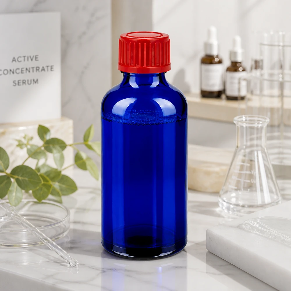 Flacone da 50ml 11mm SV rosso STD BlueLine UT18/50 Bottiglia di precisione 50ml serie BlueLine per applicazioni di laboratorio con tappo standard rosso
