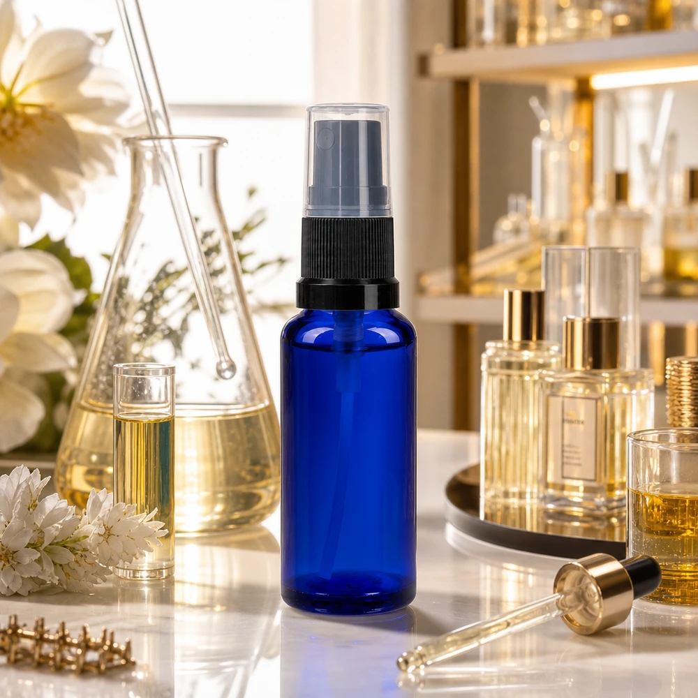 Flacone spray da farmacia in vetro blu da 30 ml con nebulizzatore nero, in un ambiente di laboratorio professionale