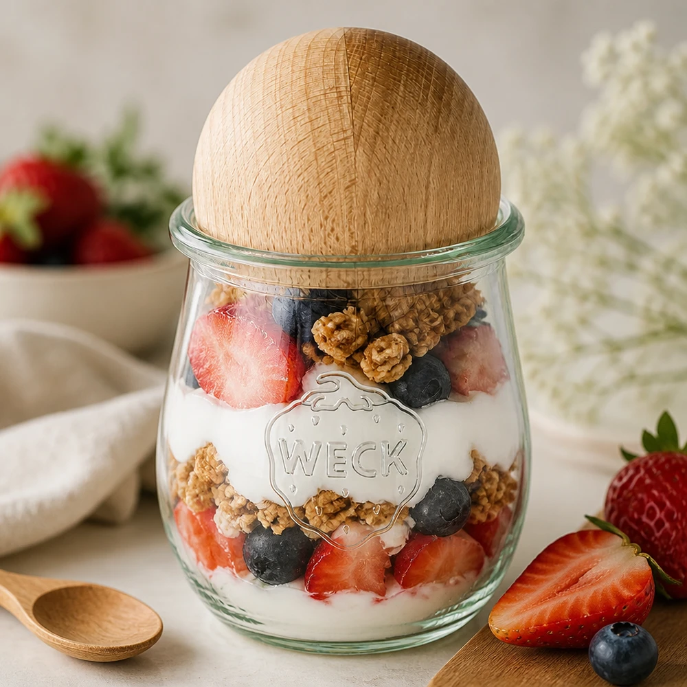 WECK vaso a tulipano RR60 220ml come parfait di yogurt con frutti di bosco e noci, tappo a sfera in legno di faggio per dolci