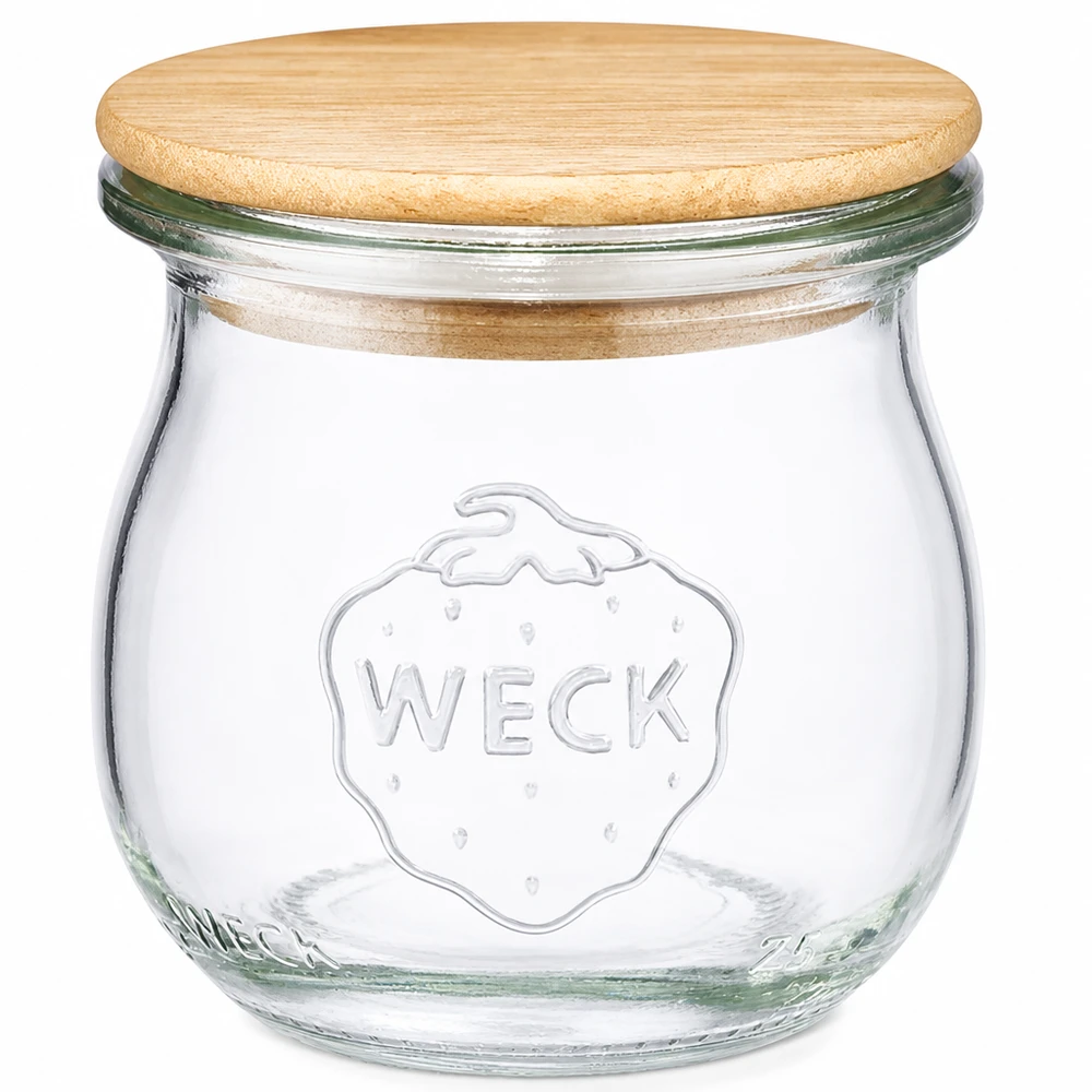 Vaso a tulipano da 75 ml WECK RR40 con coperchio in legno WECK vaso a tulipano 75ml RR40 con coperchio in legno Vaso per conserve in vetro con coperchio in sughero