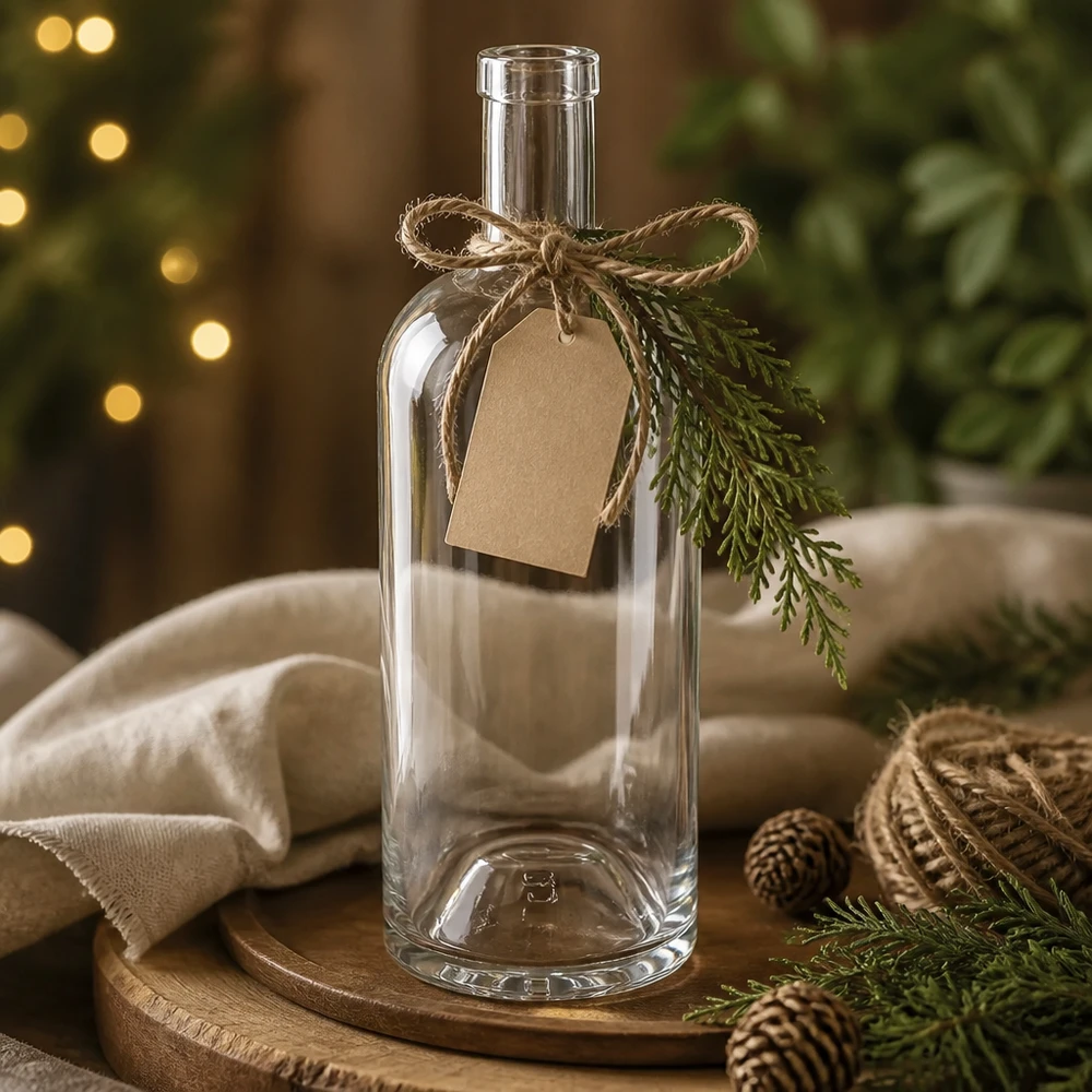 Bottiglia in vetro da 750 ml Emma senza tappo UNiTWIST® Bottiglia in vetro Emma da 750 ml decorata per Natale con etichetta in carta kraft, fiocco di iuta e ramo di abete su tavola di legno