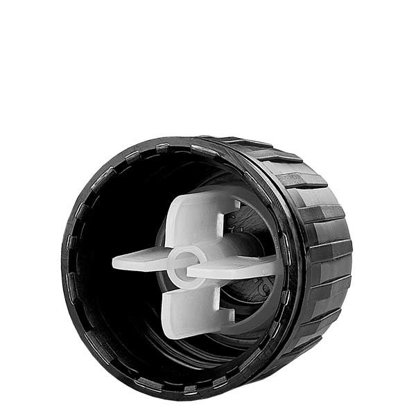 Tappo a vite 28 mm nero per flaconi di medicinali con OV-ring