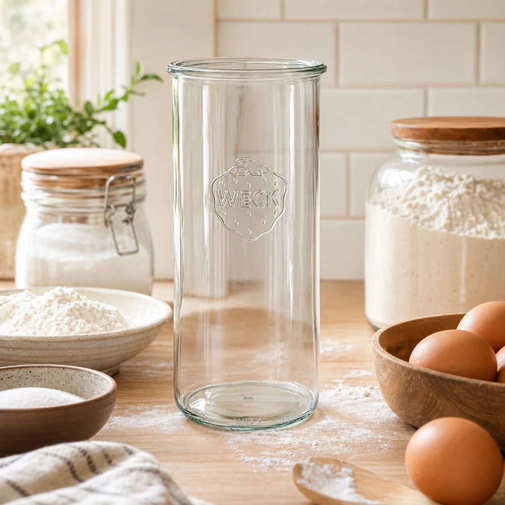 Barattolo in vetro WECK RR100 da 1500 ml in una cucina rustica con uova e farina su un piano di lavoro in legno