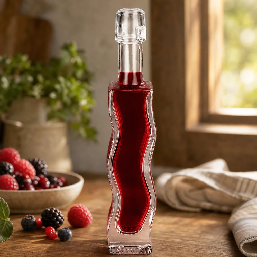 Flacone in vetro da 40 ml Fila senza tappo UNiTWIST® Bottiglia di vetro da 40 ml Anna riempita con succo di bacche rosse Decorazione di frutti di bosco Scenario di cucina Esempio di utilizzo Liquore