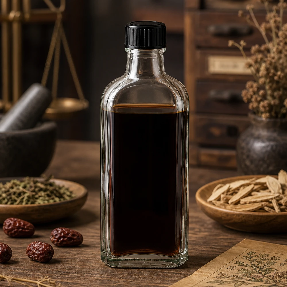 100 ml Tappo a vite trasparente Meplat con disco di tenuta LKD Flacone trasparente Meplat da 100 ml con tappo a vite nero, contenente un estratto scuro, su un tavolo di legno