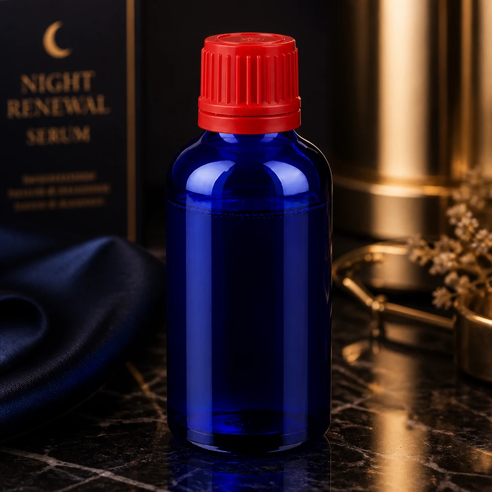 Bottiglia da 50ml 11mm SV rosso OV BlueLine UT18/50 Flacone contagocce 50ml in vetro blu con tappo rosso SV 11mm OV BlueLine UT18/50