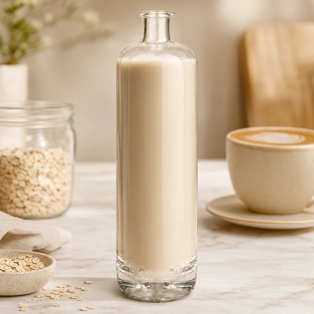 Bottiglia in vetro da 700 ml Ella senza tappo UNiTWIST® Bottiglia di vetro da 700 ml di Ella riempita di latte d'avena cremoso accanto a fiocchi d'avena e tazza da caffè in una scena di cucina naturale