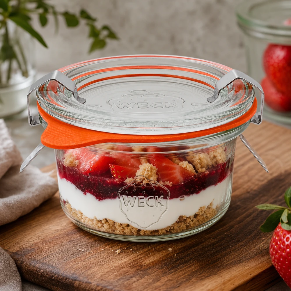 Bicchieri da 50 ml completi WECK RR60 Bicchieri WECK da 50 ml RR60 con dessert a strati di fragole e panna come esempio di applicazione per dessert dolci