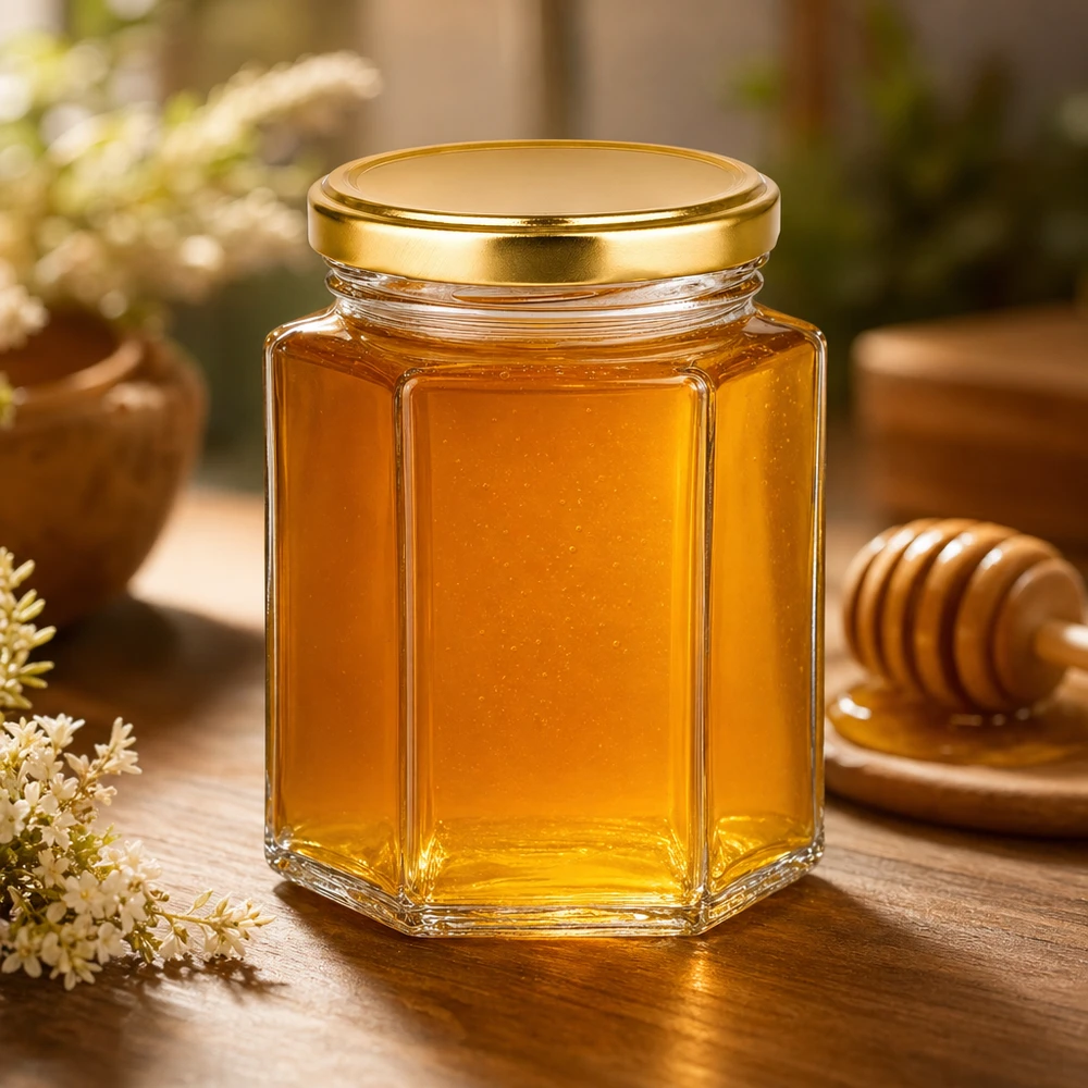 Vasetto per miele da 250 g con capsula dorata BasicSeal UNiTWIST Vasetto di miele da 250 g esagonale BasicSeal coperchio dorato pieno di miele accanto a cucchiaio di miele su tavolo di legno prodotto naturale