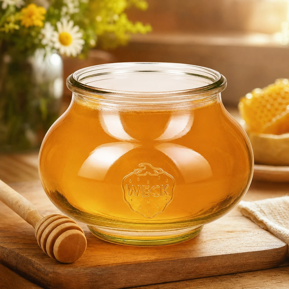 Vaso da gioielleria WECK da 560 ml RR80 riempito di miele dorato lucido, cucchiaio da miele e favo su tavola di legno