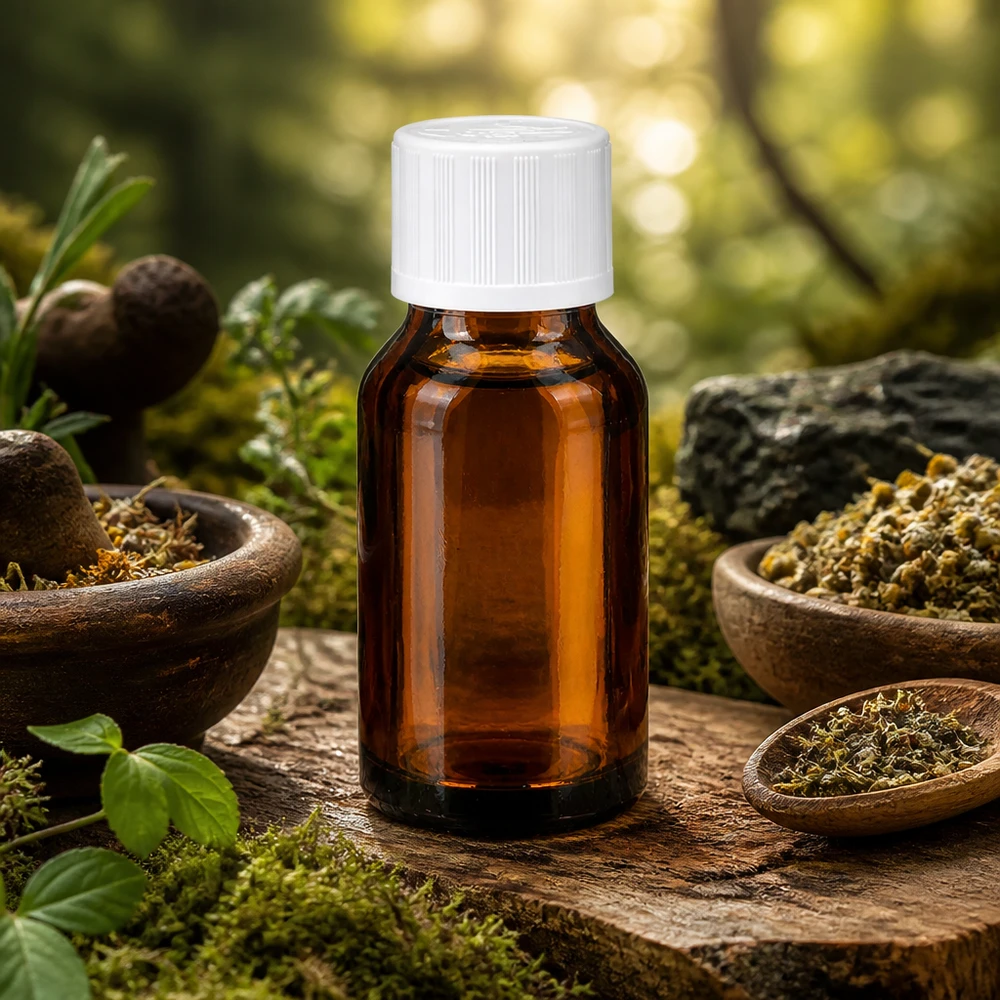 Flacone di vetro marrone da 30 ml con tappo di sicurezza per bambini bianco, posto tra ciotole di legno contenenti erbe essiccate