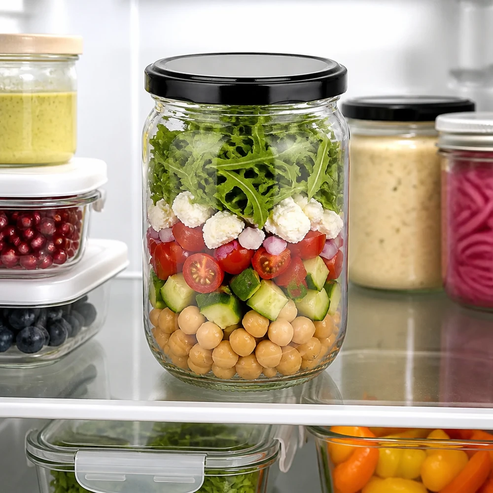 Meal prep sostenibile: barattolo rotondo in vetro da 555 ml con coperchio BasicSeal nero, con rucola e feta
